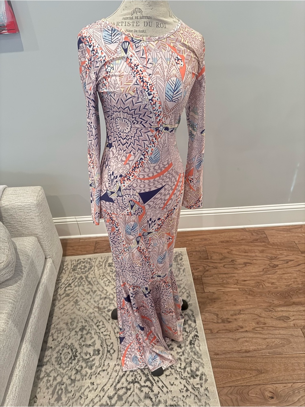Printed Long-Sleeve Maxi Dress in Coral and Blue